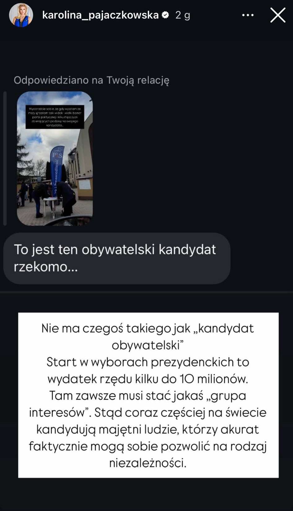 Wpis Karoliny Pajączkowskiej na Instagramie