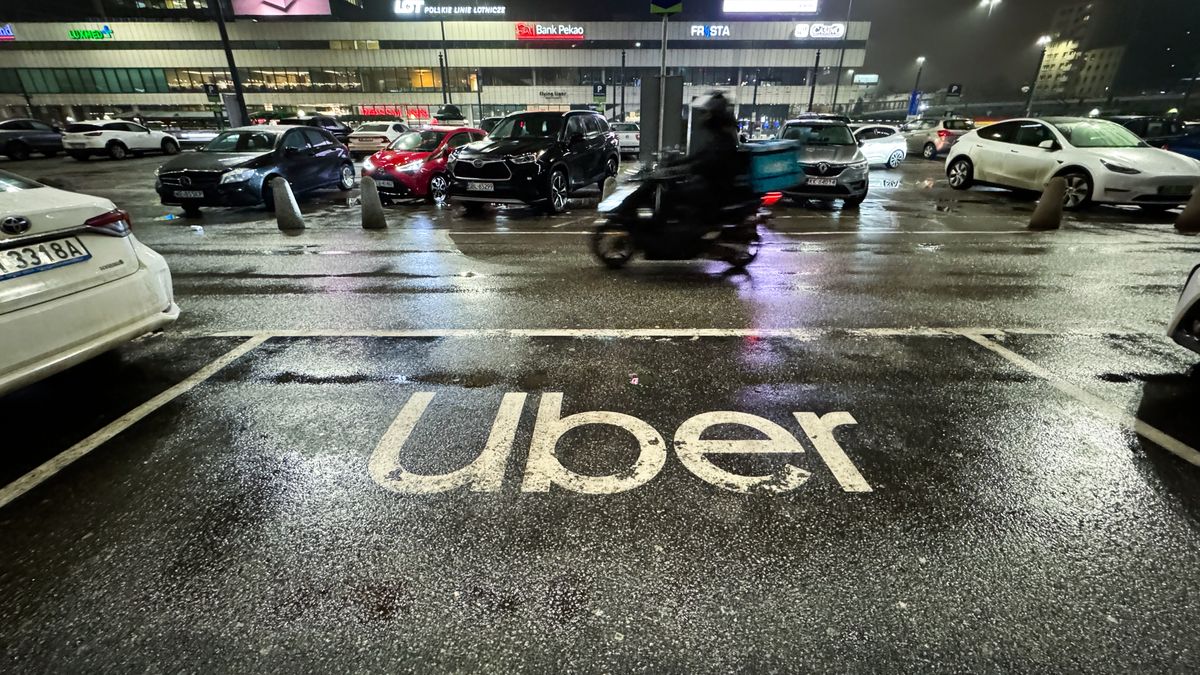 Uber sign is seen at pick-up spot in Warsaw, Poland on January 13, 2024 (Photo by Jakub Porzycki/NurPhoto via Getty Images)