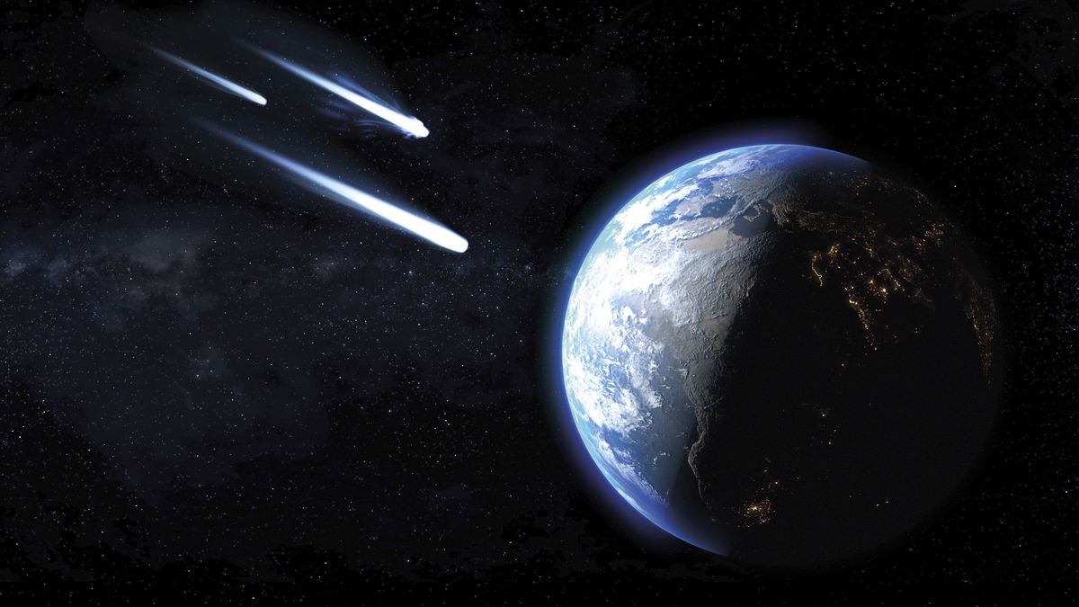 Comets passing by earth, illustration
Three icy comets passing by planet Earth, illustration.
CHRISTOPH BURGSTEDT/SCIENCE PHOT
artwork, earth, globe, space, world