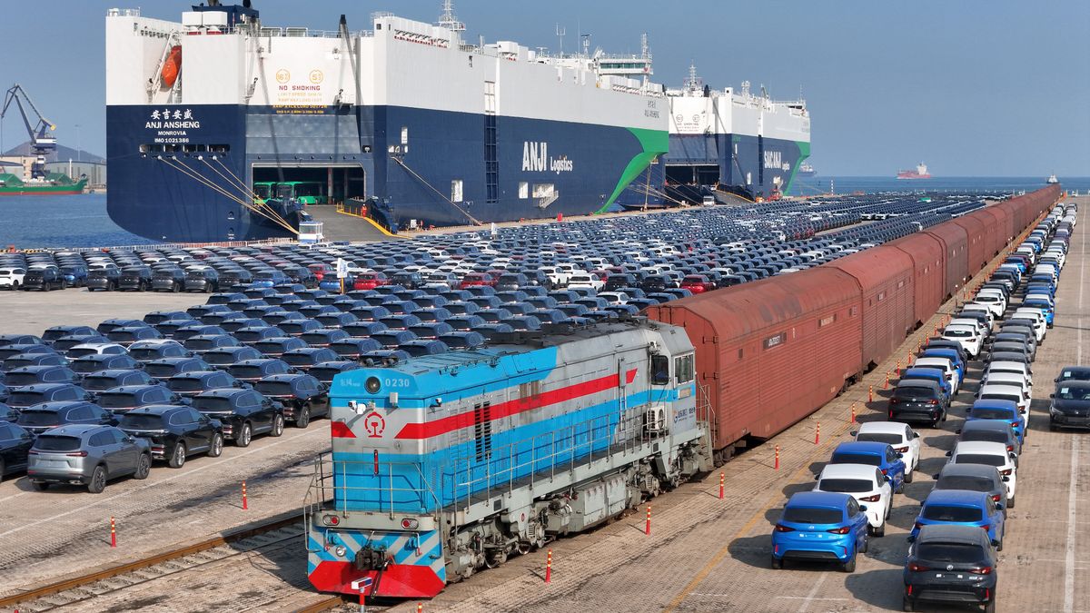 Chinese-made automobiles are transported by railway to the Yantai Port for assembly and wait to be loaded onto ships for export in Yantai City, Shandong Province, China, on January 28, 2026. (Photo by Costfoto/NurPhoto via Getty Images)