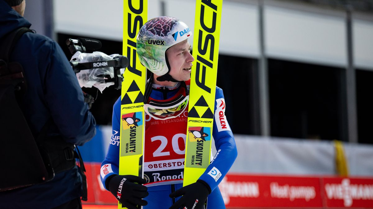 OBERSTDORF, GERMANY - FEBRUARY 24: Aleksander Zniszczol of Poland reacts during the second round of the FIS World Cup Ski Jumping Men Individual HS235 on February 24, 2024 in Oberstdorf, Germany. (Photo by Daniel Kopatsch/Getty Images)