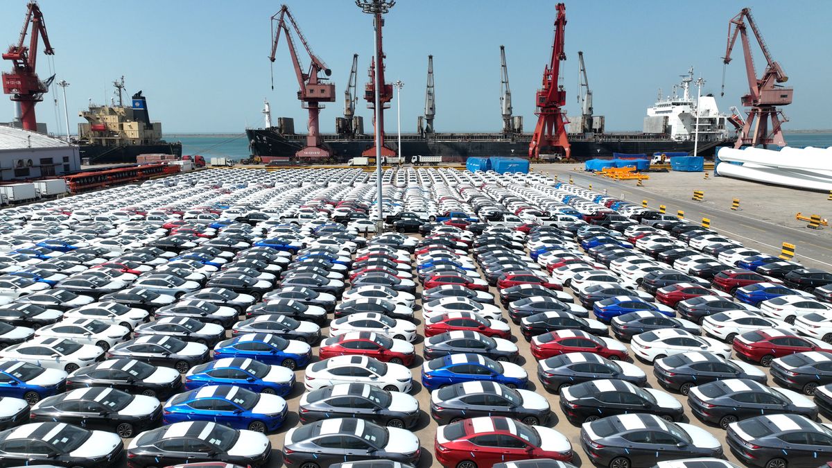 LIANYUNGANG, CHINA - MAY 15: Aerial view of a large number of vehicles waiting for shipment at Lianyungang Port on May 15, 2023 in Lianyungang, Jiangsu Province of China. (Photo by VCG/VCG via Getty Images)