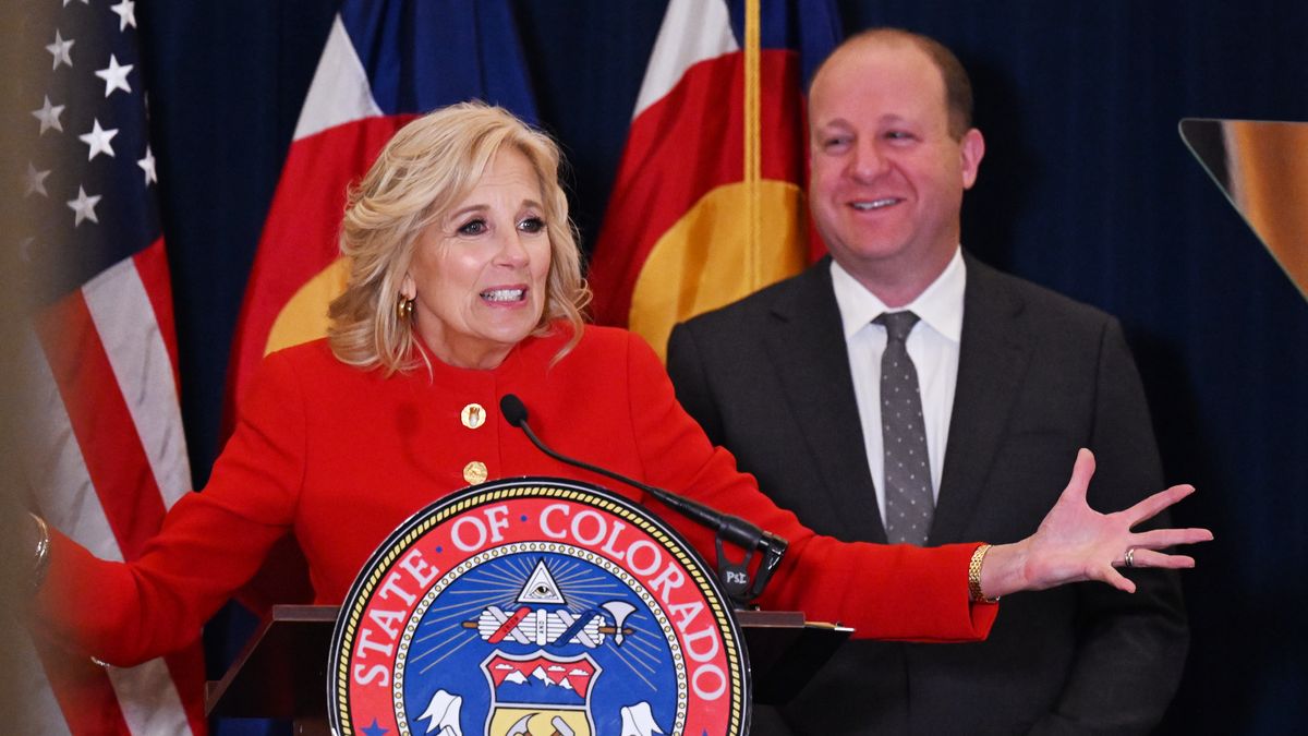 DENVER, COLORADO - APRIL 3: On the first stop of the First Ladys four-state Investing in America tour, Dr. Jill Biden joined Governor Jared Polis at the Colorado State Capitol on April 3, 2023 in Denver, Colorado. Dr. Biden highlighted the bipartisan support of state officials who are prioritizing investments in free workforce training programs, including those at community colleges. (Photo by  RJ Sangosti/MediaNews Group/The Denver Post via Getty Images)