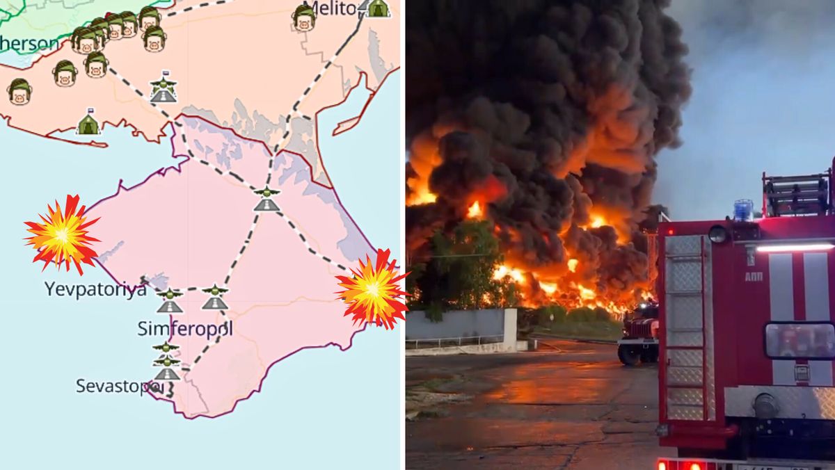 Wybuchy na Krymie. Po prawej: pożar składu ropy w Sewastopolu na okupowanym Krymie (zdjęcie archiwalne). 