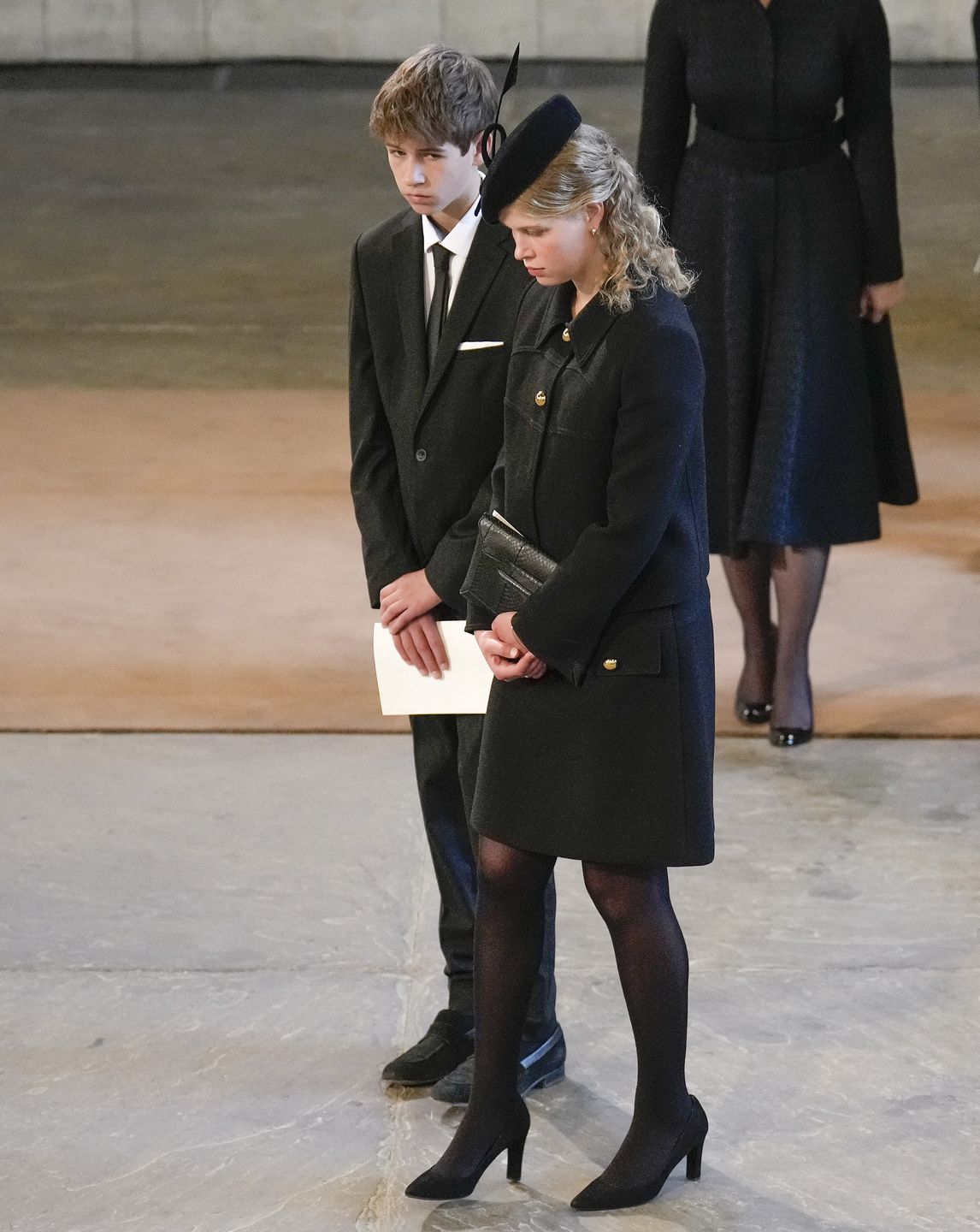 The Coffin Carrying Queen Elizabeth II Is Transferred From Buckingham Palace To The Palace Of WestminsterLONDON, ENGLAND - SEPTEMBER 14: James, Viscount Severn and Lady Louise Windsor pay their respects in The Palace of Westminster after the procession for the Lying-in State of Queen Elizabeth II on September 14, 2022 in London, England. Queen Elizabeth II's coffin is taken in procession on a Gun Carriage of The King's Troop Royal Horse Artillery from Buckingham Palace to Westminster Hall where she will lay in state until the early morning of her funeral. Queen Elizabeth II died at Balmoral Castle in Scotland on September 8, 2022, and is succeeded by her eldest son, King Charles III.  (Photo by Christopher Furlong/Getty Images)Christopher Furlong
