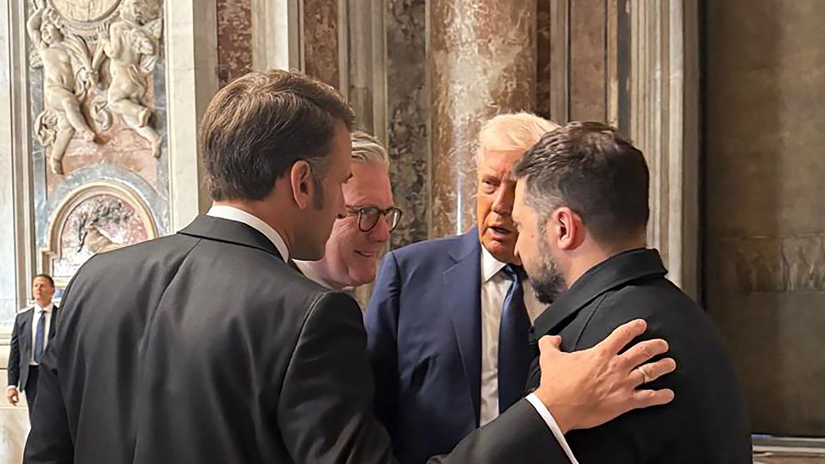VATICAN CITY, VATICAN - APRIL 26: (EDITOR’S NOTE: This handout image was provided by a third-party organization and may not adhere to Getty Images’ editorial policy.) In this handout photo released by the Ukrainian Presidential Press Service, Ukraine's President Volodymyr Zelensky (R) meets with French President Emmanuel Macron (L), British Prime Minister Keir Starmer (2nd L) and U.S. President Donald Trump (2nd R) during Pope Francis's funeral at St. Peter's Basilica at the Vatican, on April 26, 2025 in Vatican City, Vatican. Pope Francis died on April 21st, aged 88. Anointed in 2013, Argentinian Jorge Mario Bergoglio was the first Latin American and Jesuit Pope. Taking the name Francis after St Francis of Assisi, he was a more humble Pope than many of his predecessors and will be buried outside of the Vatican in a simple wooden coffin at the Basilica Santa Maria Maggiore. (Photo by Office of Ukrainian Presidential Press Service via Getty Images)