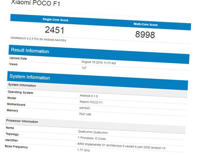 Xiaomi Poco F1 w bazie Geekbench