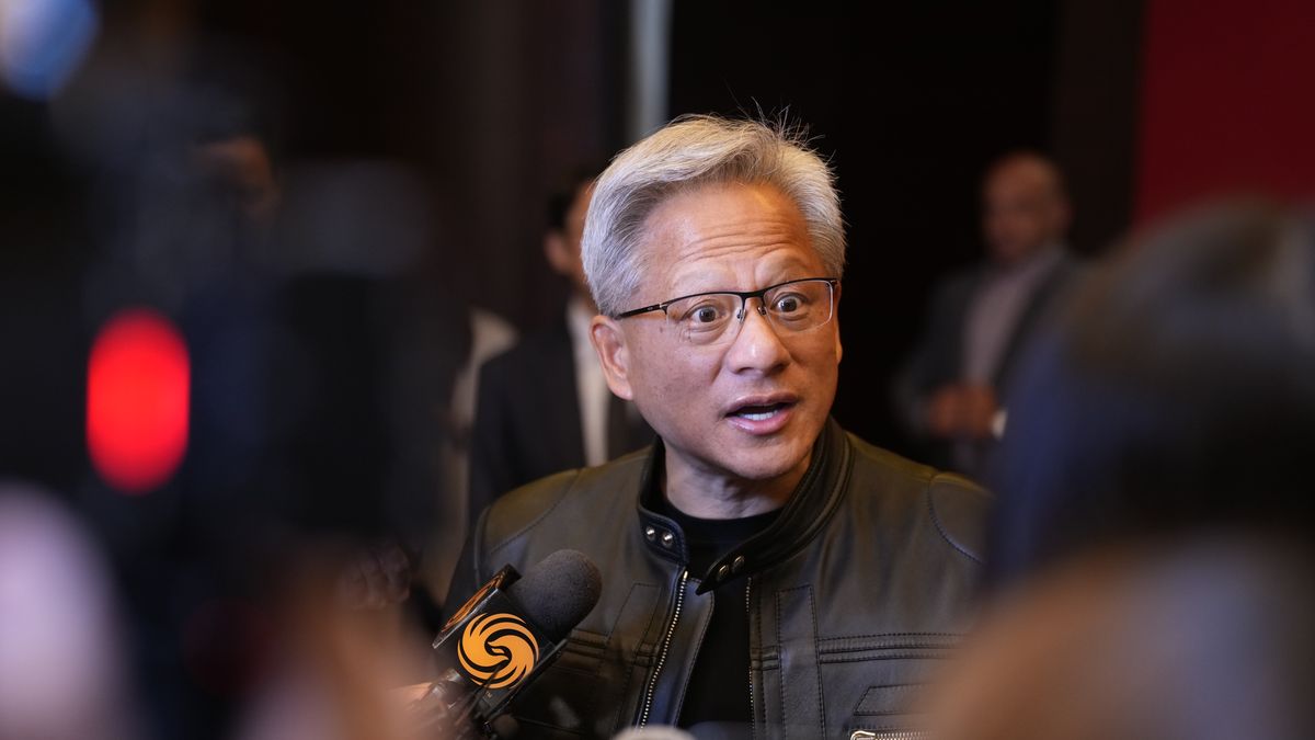 BEIJING, CHINA - JULY 15: Jensen Huang, co-founder and chief executive officer of Nvidia Corp, receives a media group interview before attending the welcome dinner of the third China International Supply Chain Expo (CISCE) on July 15, 2025 in Beijing, China. China will open the third China International Supply Chain Expo in Beijing on July 16, rallying multinational giants including Nvidia, Apple, and Airbus to showcase industrial resilience and cross-border collaboration. (Photo by Wan Quan/VCG via Getty Images)