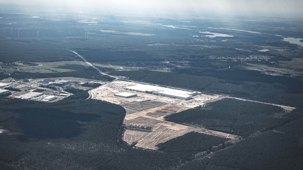 Gruenheide, Germany - April 23: Aerial view of the Tesla Gigafactory Berlin-Brandenburg in Gruenheide on April 23, 2021 in Gruenheide, Germany. (Photo by Felix Zahn/Photothek via Getty Images)