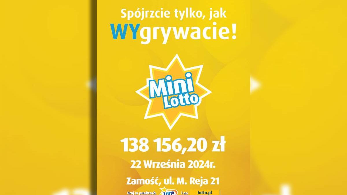 grafika Wygrana mini lotto z 22 września 2024 w Zamościu, ul. M. Reja 21