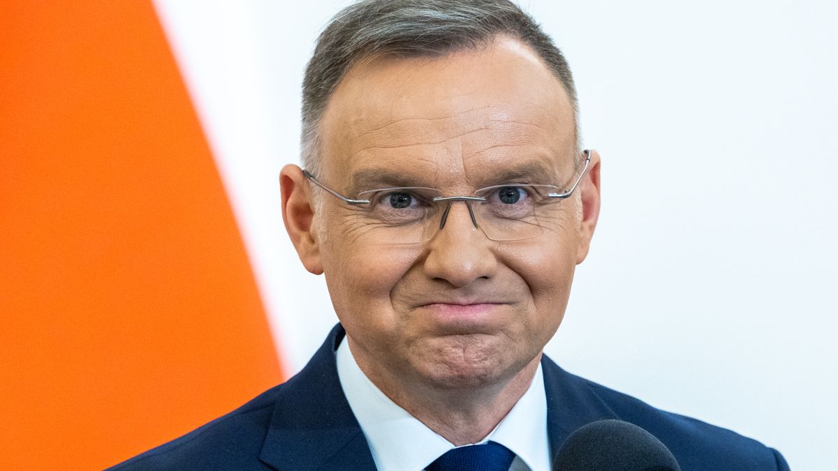 Polish President Andrzej Duda is making a statement at a joint press conference with Slovak President Zuzana Caputova in Warsaw, Poland, on April 16, 2024. (Photo by Andrzej Iwanczuk/NurPhoto via Getty Images)