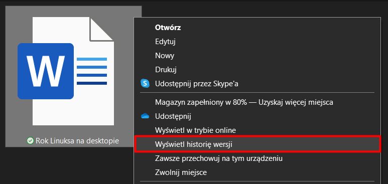 Historia wersji dokumentu w OneDrive jest teraz dostępna także w Eksploratorze Windows 10, fot. Oskar Ziomek.