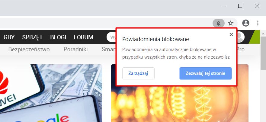 Zablokowane powiadomienie może skutkować wyświetleniem ikony na pasku adresu. Kliknięcie rozwija szczegóły.