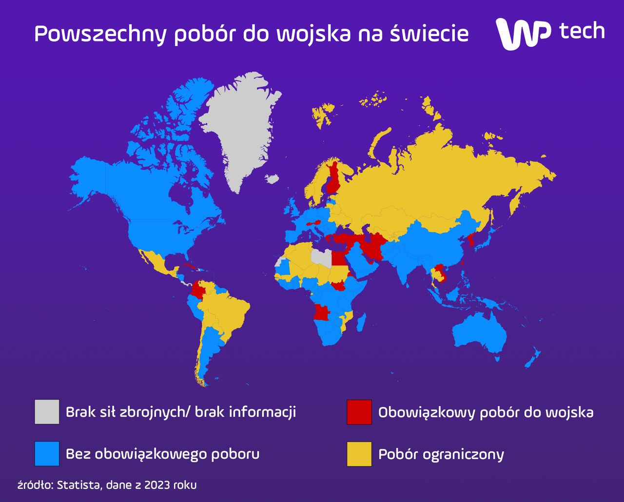 Powszechny pobór do wojska na świecie (kliknij, aby powiększyć)