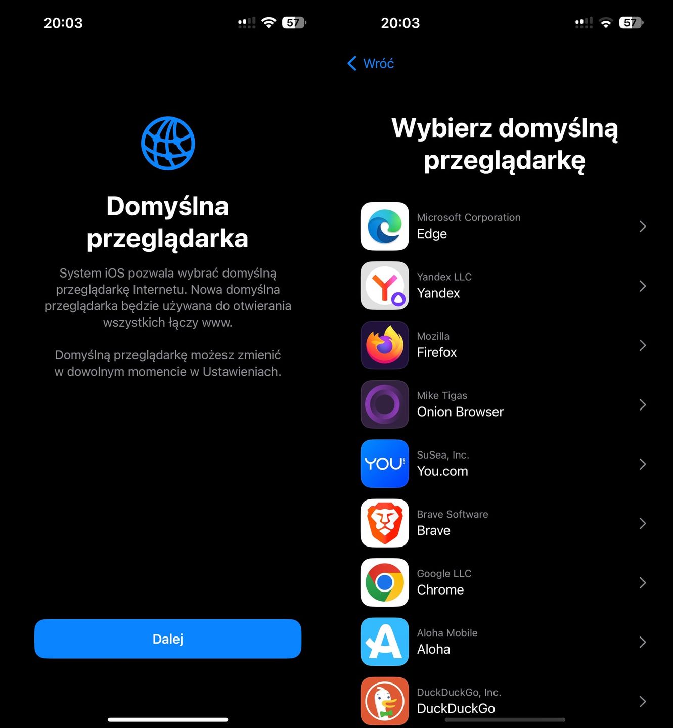 Safari na iOS 17.4: okno wyboru przeglądarki