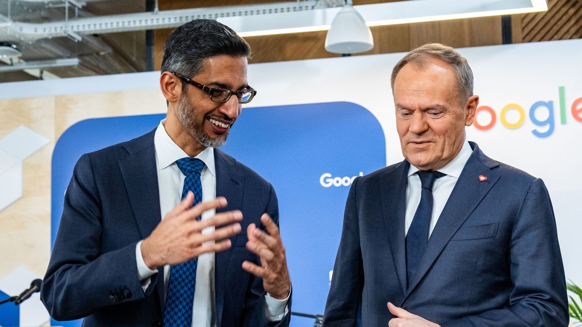 Donald Tusk, Poland's prime minister, right, and Sundar Pichai, chief executive officer of Alphabet Inc., during a visit to the Google for Startups campus in Warsaw, Poland, on Thursday, Feb. 13, 2025. The EU has established a reputation globally for its aggressive regulation of major technology companies, including the likes of Apple and Google over antitrust concerns. Photographer: Damian Lemanski/Bloomberg via Getty Images