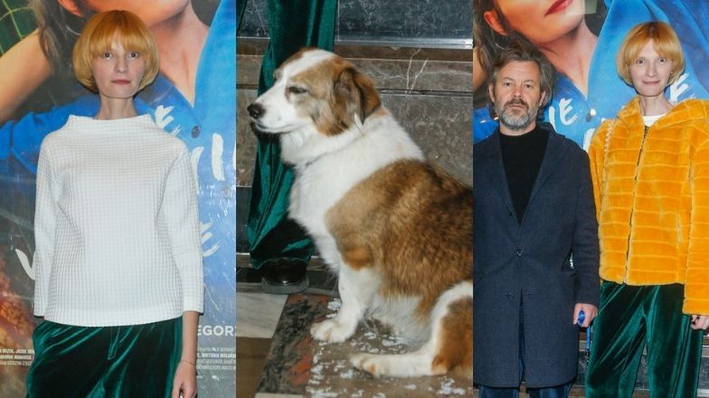 Agata Buzek i Jacek Braciak pozują na evencie z suczką Helenką