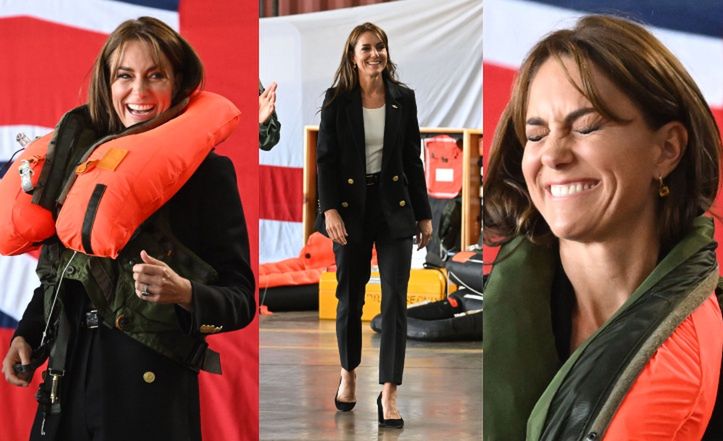 Urocza Kate Middleton w szykownej stylizacji chichocze podczas wizyty w bazie marynarki wojennej (ZDJĘCIA)