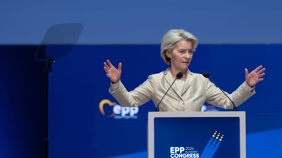 BUCHAREST, ROMANIA - MARCH 7: Ursula von der Leyen, the President of the European Comission, gives a speech at the European People's Party (EPP) annual congress on March 7, 2024 in Bucharest, Romania. The EPP, a transnational party which includes many European Christian democratic and center-right parties, is bringing together leaders from across Europe for a two-day congress. The congress will cover the selection of the party's lead candidate for the European Commission presidency and preparing for the European Parliament elections in June.(Photo by Andreea Campeanu/Getty Images)