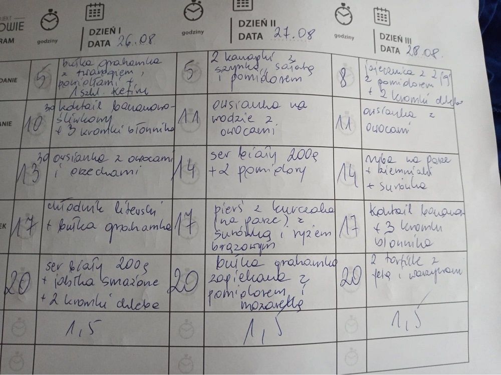 Dzienniczek posiłków, który prowadzą pacjenci PROJEKT ZDROWIE aby kontrolować spożywane przez siebie w ciągu tygodnia posiłki