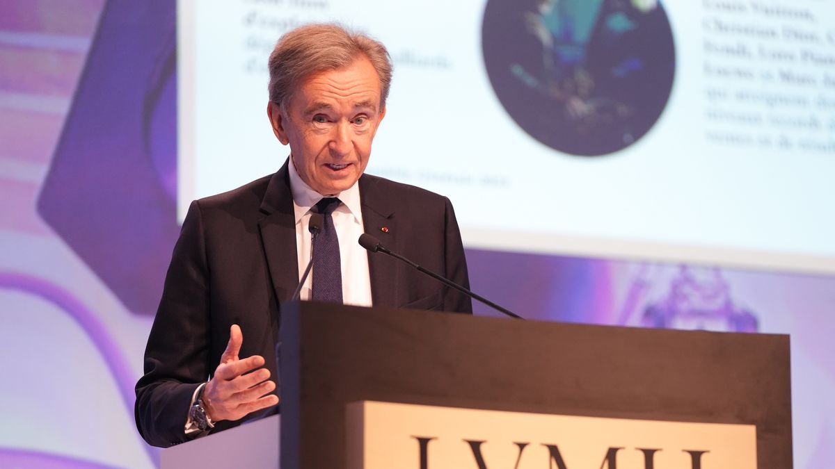 Bernard Arnault, billionaire and chairman of LVMH Moet Hennessy Louis Vuitton SE, speaks at the LVMH Moet Hennessy Louis SE annual general meeting of shareholders at the Carrousel du Louvre in central Paris, France, on Thursday, April 20, 2023. LVMH reported first quarter organic sales growth in its fashion and leather goods unit of 18%  almost twice what analysts were expecting and spurring a new record high for the stock. Photographer: Nathan Laine/Bloomberg via Getty Images