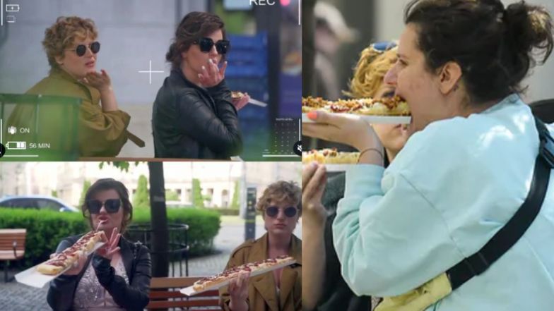 Zofia Zborowska i Aleksandra Domańska w sukniach balowych odtwarzają jedzenie zapiekanek