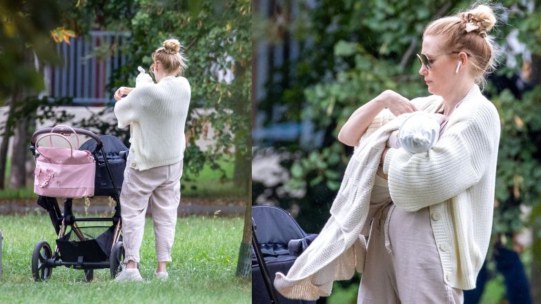 Paulina Chapko na spacerze z synem