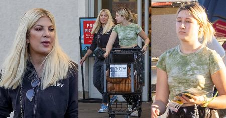 Tori Spelling w bluzie odsłaniającej brzuch mknie w asyście córki do samochodu z koszykiem pełnym dyń (ZDJĘCIA)