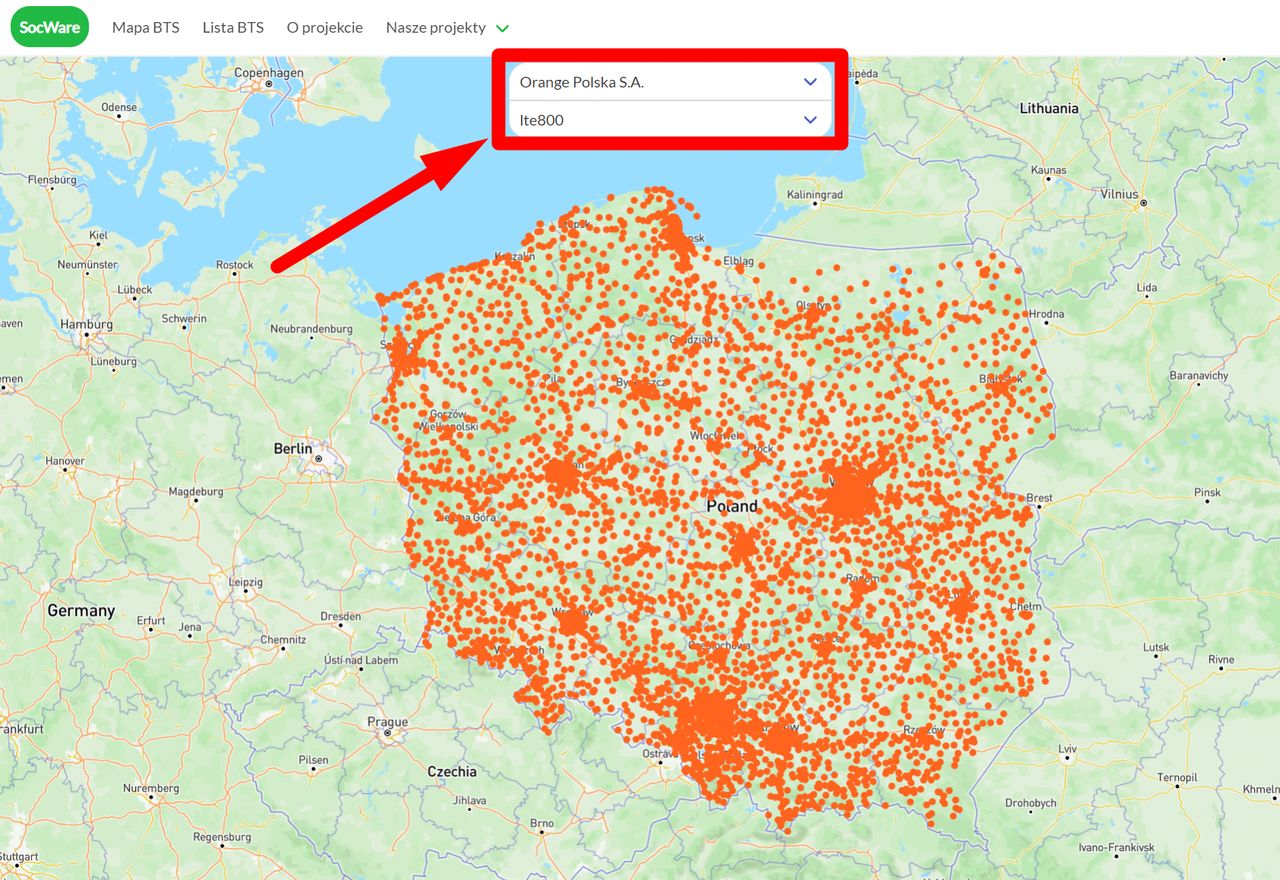 Mapa BTS SocWare - przykładowa filtracja danych 