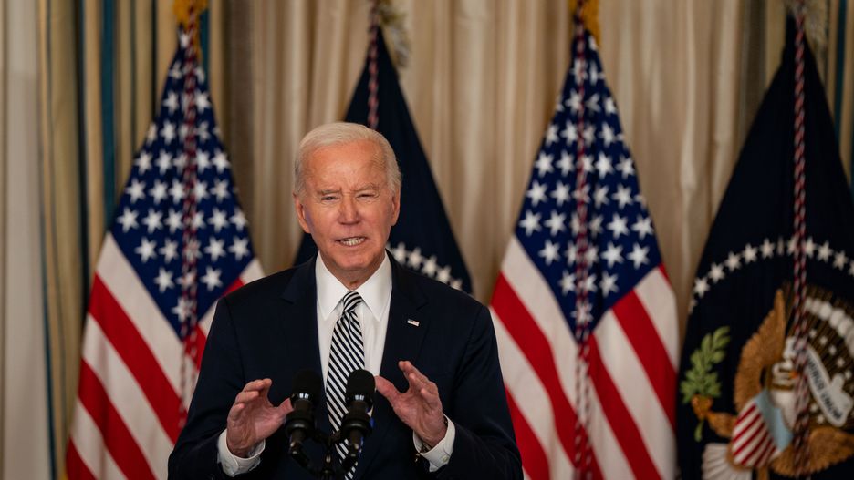 WASHINGTON, DC - JANUARY 22: President Joe Biden delivers remarks in the State Dining Room of the White House, on January 22, 2024 in Washington, DC. Biden convened a meeting of the Reproductive Healthcare Task Force to mark the 51st anniversary of the landmark Roe v. Wade decision, which was overturned in 2022. (Kent Nishimura for The Washington Post via Getty Images)