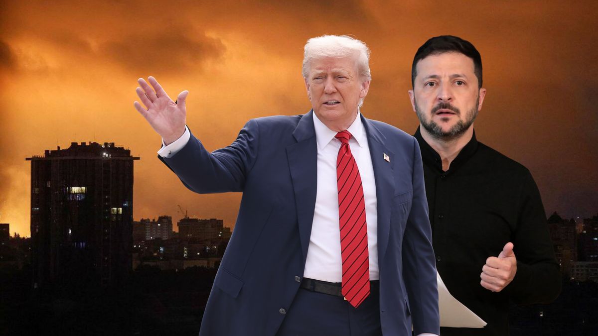 Wołodymyr Zełenski / Donald Trump. W tle: rosyjski atak na Kijów