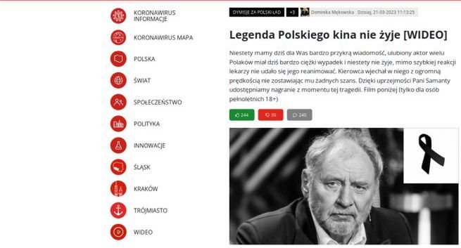 Oszuści wyłudzają dane wykorzystując fake newsa o śmierci Andrzeja Grabowskiego. CERT Orange ostrzega