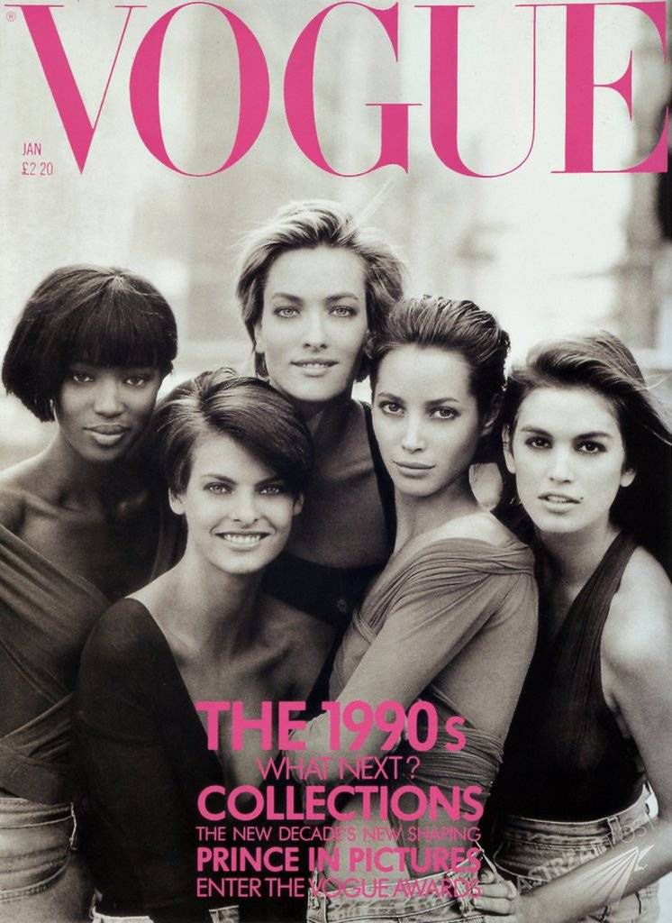 Okładka "Vogue'a". Naomi Campbell, Linda Evangelista, Tatjana Patitz, Christy Turlington i Cindy Crawford - styczeń 1990
