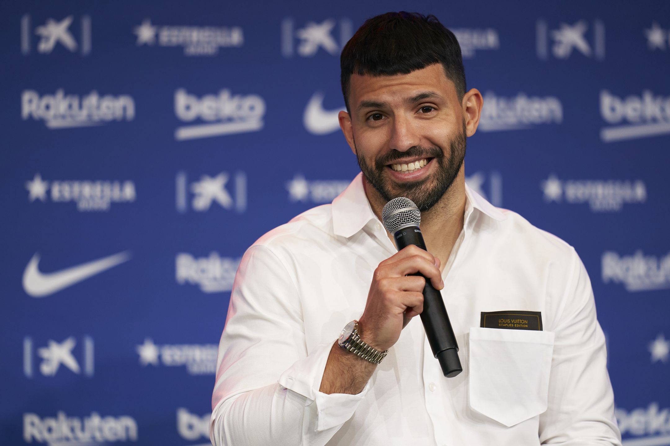 BARCELONA, SPAIN - MAY 31: Sergio Aguero speaks during a press conference as he is presented as a FC Barcelona player at Camp Nou on May 31, 2021 in Barcelona, Spain. (Photo by Pedro Salado/Quality Sport Images/Getty Images)