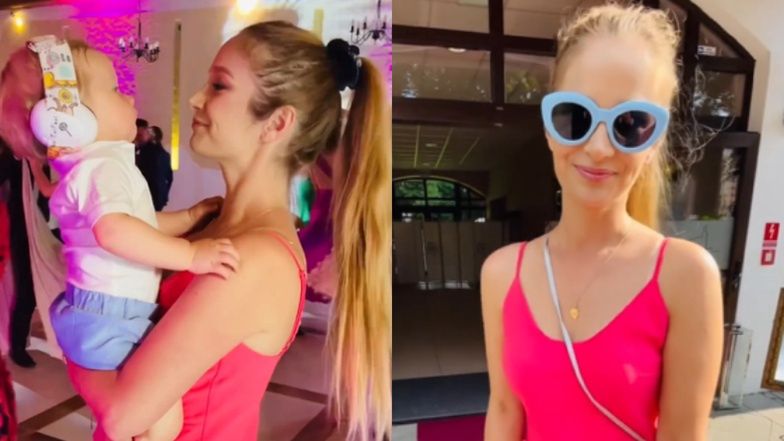 Marta Paszkin w różowej mini z piórami pląsa na weselu