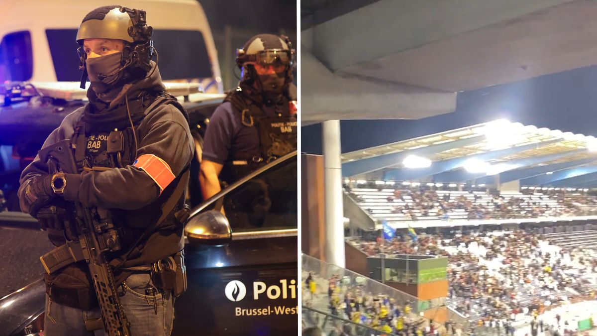 Policja w Brukseli oraz ujęcia ze stadionu.