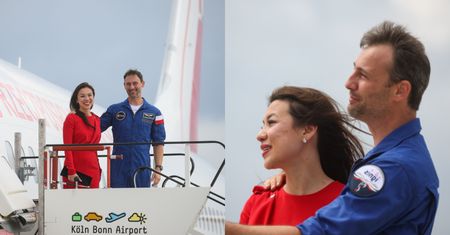 Sławosz Uznański-Wiśniewski WYLĄDOWAŁ już w Europie. Całą uwagę skradła jego małżonka w czerwonej kreacji