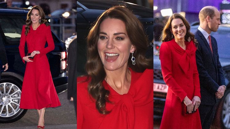 Kate Middleton w czerwonej sukience-płaszczu kolęduje z księciem Williamem