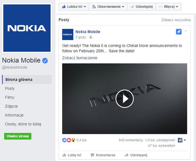 Zapowiedź Nokia Mobile na Facebooku