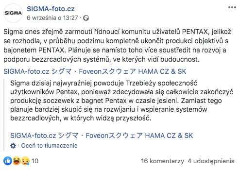 Sigma wycofuje się z produkcji obiektywów do Pentaxa 2
