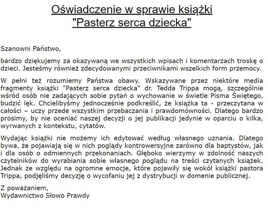 Oświadczenie wydawnictwa Słowo Prawdy