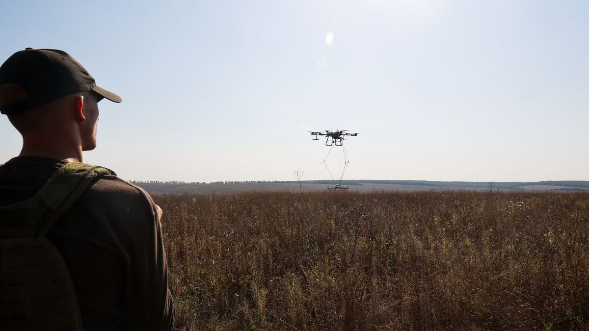 KHARKIV REGION, UKRAINE - OCTOBER 01, 2023 - A drone launched by representatives of the Progress NGO to survey the mined area as part of demining works, Kharkiv Region, north-eastern Ukraine. (Photo credit should read Vyacheslav Madiyevskyi / Ukrinform/Future Publishing via Getty Images)