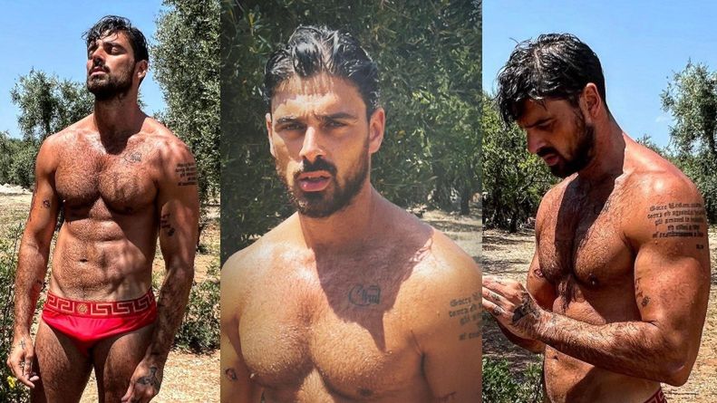 Włoski ogier Michelle Moroone poci się na słońcu w krwistoczerwonych slipach Versace