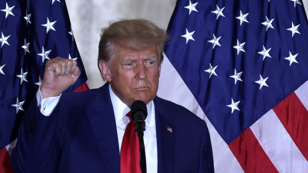 WEST PALM BEACH, FLORIDA - APRIL 04: Former U.S. President Donald Trump holds up his fist during an event at the Mar-a-Lago Club April 4, 2023 in West Palm Beach, Florida. Trump pleaded not guilty in a Manhattan courtroom today to 34 counts related to money paid to adult film star Stormy Daniels in 2016, the first criminal charges for any former U.S. president. (Photo by Alex Wong/Getty Images)