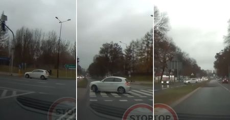 Za pierwszym razem drift się nie udał, więc spróbował raz jeszcze. Kierowca BMW skasował znak drogowy
