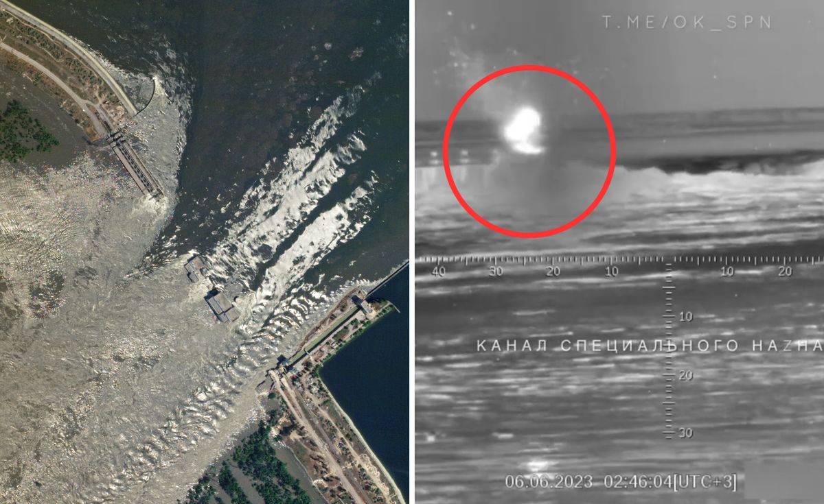 Zdjęcia satelitarne przed i po wybuchem pokazują zakres zniszczenia zapory
