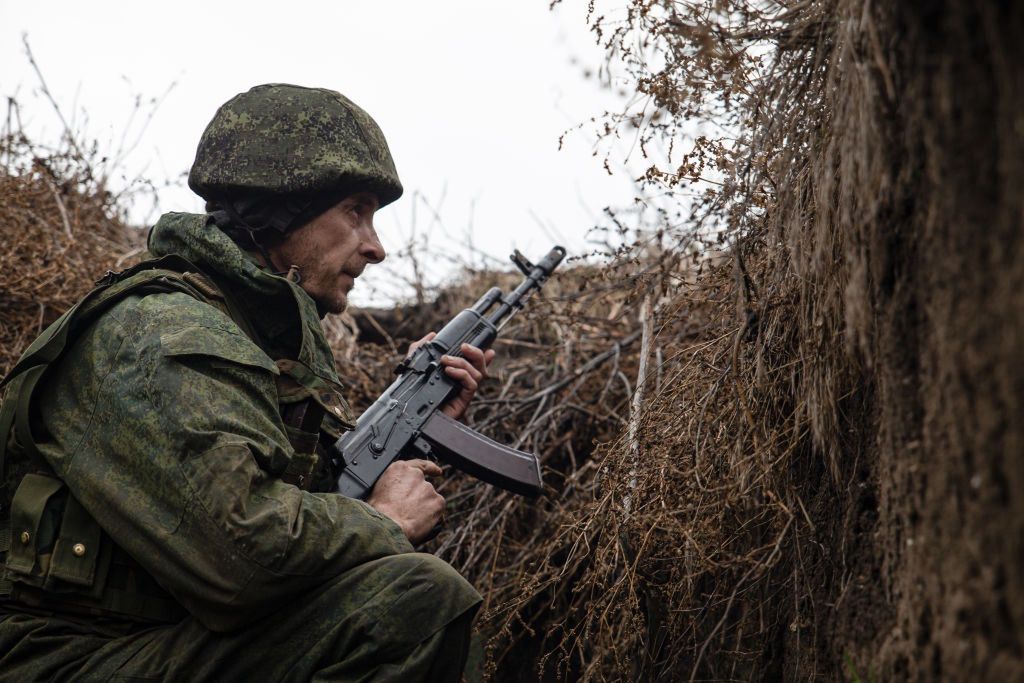 Lugansk People's Republic force on line of contact in DonbassLUGANSK REGION, UKRAINE - DECEMBER 9, 2021: An officer of the People's Police of the Lugansk People's Republic is pictured near Slavyanoserbsk, east Ukraine, on the line of contact between Ukrainian government forces and forces of the Lugansk People's Republic. Since 27 July 2020, additional measures negotiated by the Trilateral Contact Group for Ukraine On Peaceful Settlement of the Crisis in East Ukraine have been in place to maintain the truce in Donbass. The measures include a ban on offensive and clandestine operations and a ban on using aircraft, delivering fire and deploying heavy weapons in inhabited localities. Alexander Reka/TASS (Photo by Alexander Reka\TASS via Getty Images)Alexander Rekalpr, lnr, east ukraine, donbass