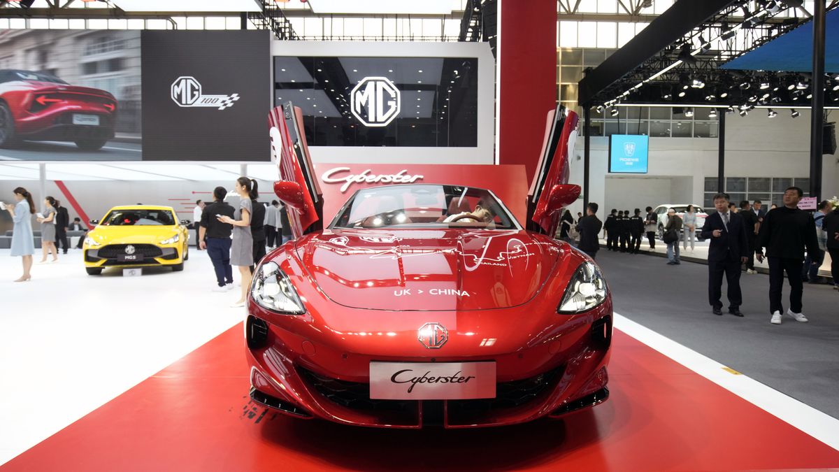 An MG Motors Cyberster electric vehicle during the Beijing Auto Show in Beijing, China, on Friday, April 26, 2024. Slowing demand for electric vehicles, heightened trade tensions and questions about whether Western legacy automakers can interest Chinese consumers will be the talk of Beijing as executives from top global car marques descend on the capital for the Auto China show. Photographer: Qilai Shen/Bloomberg via Getty Images