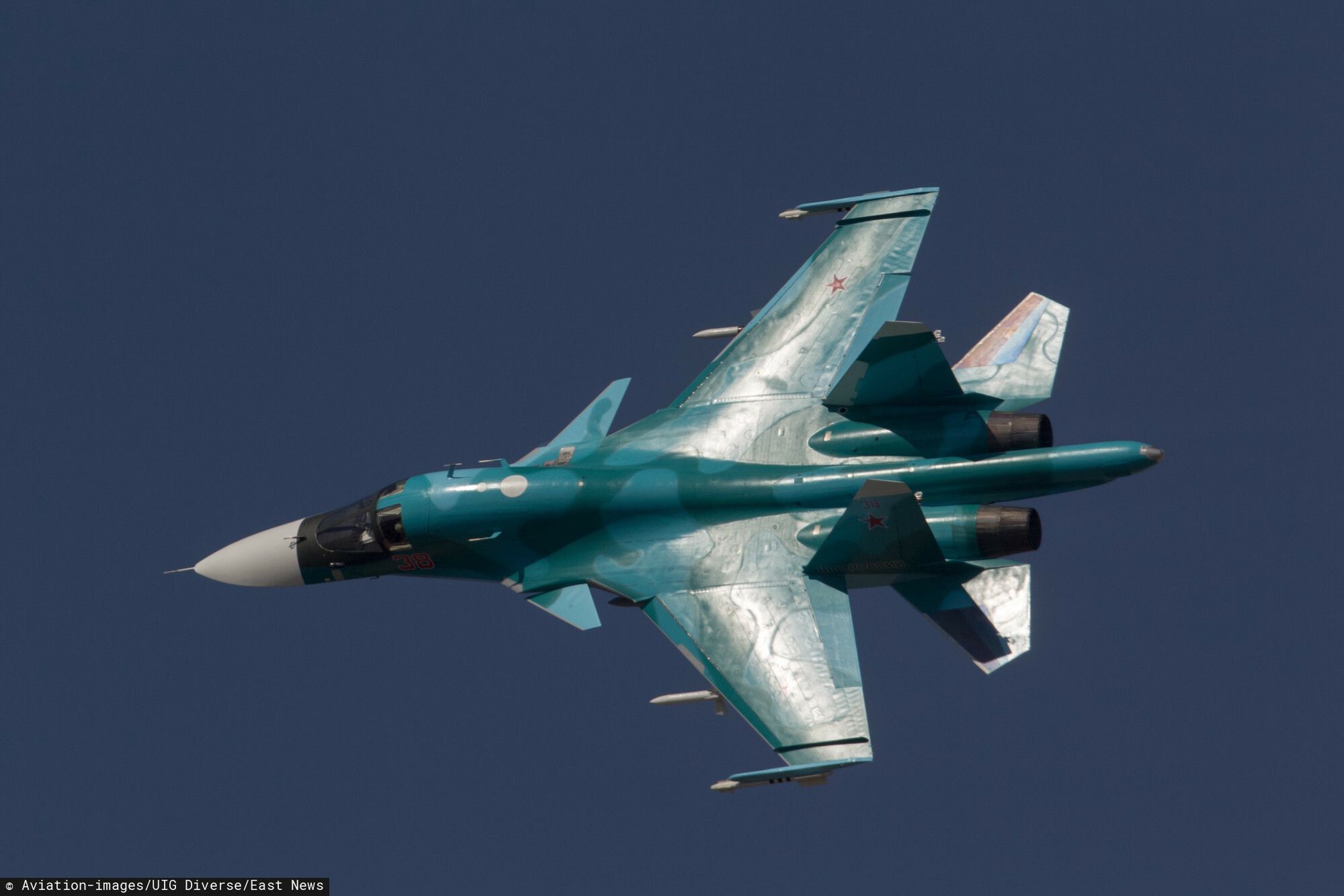 UIG Aviation-images
The Sukhoi Su-34 jet fighter-bomber of Russian Air Force performs its demonstration flight at MAKS-2015 airshow near Zhukovsky, Moscow Region, Russia
Aviation-images