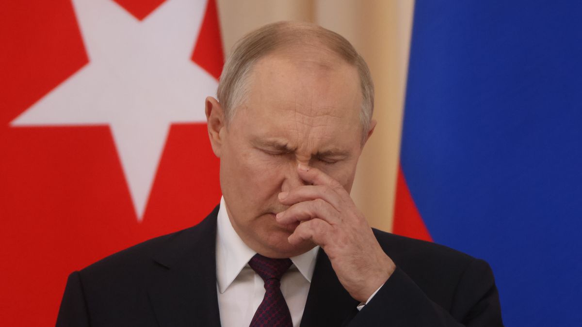 SOCHI, RUSSIA - SEPTEMBER 4: (RUSSIA OUT) Russian President Vladimir Putin grimases during his joint press conference with Turkish President Recep Tayyip Erdogan (not pictured),  September 4,2023, in Sochi, Russia. Turkey's President Erdogan arrived to Russia to discuss the Black Sea grain deal, an agreement that helped get Ukraine's grain to market and thus ease a global food crisis. (Photo by Contributor/Getty Images)